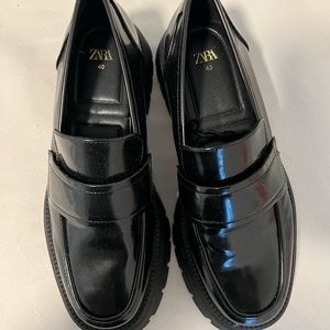 New Zara Black Patent Leather Loafers